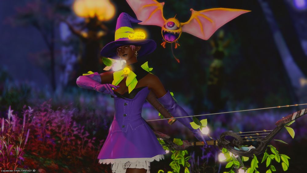 An elezen in All Saint's Wake gear in a purple and green forest scene. A Beady Eye poses with wings outstretched in the background.