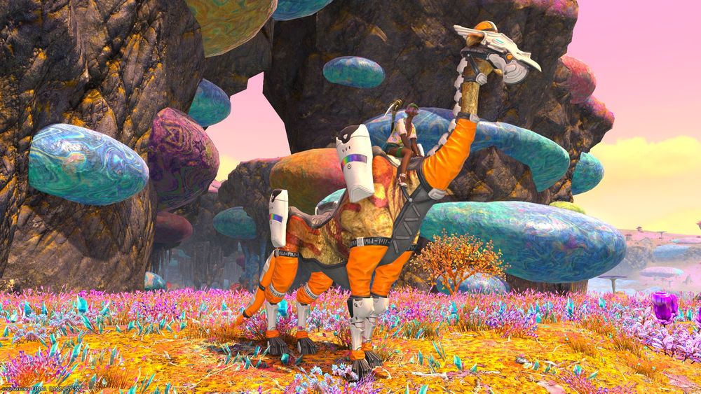 An elezen in vacation garb with a miner's hammer rides an armored dhamel in the bright setting of Phaena.