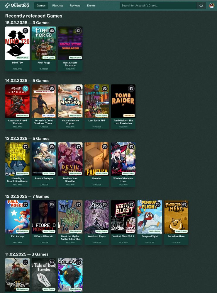 Screenshot of the Dev Version of Questlog. The recently released games grouped by date are visible.