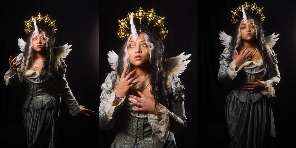 Collage of a shoot of a black femme presenting person in a white gown, with small white angelic wings, wearing an ornate halo/crown on their head