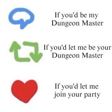 Pic is showing the comment, repost, and heart shaped like icons of Bluesky on the left, with text for each on the right

For the comment icon it says “if you’d be my dungeon master”

For the repost icon it says “if you’d let me be your dungeon master”

For the like icon it says “if you’d let me join your party”