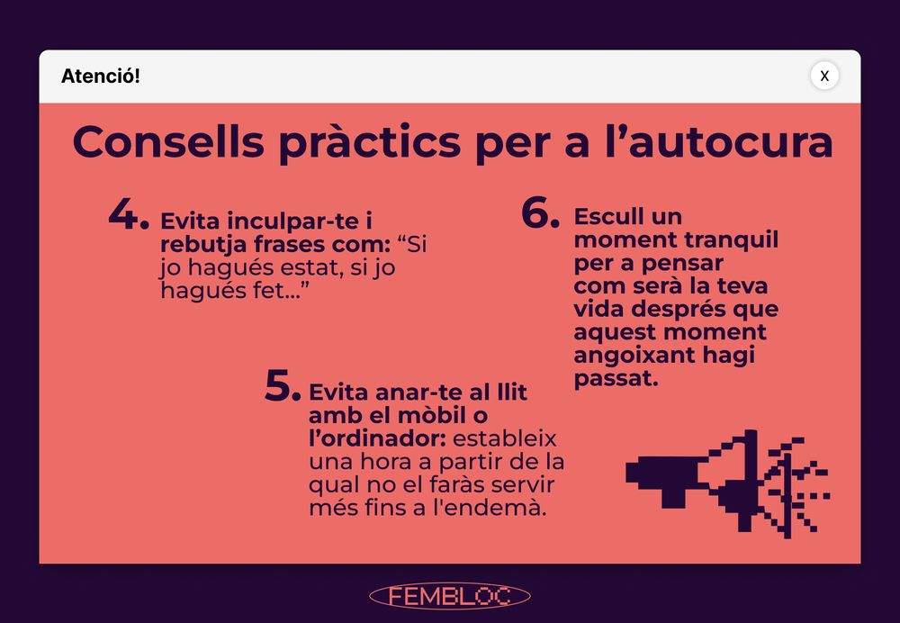 Gráfica de color rosa y blanco, que presenta Consejos prácticos de autocuidado (segunda parte): 4. Evita inculparte y desecha frases como: “Si yo hubiese sido, si yo hubiese hecho…” 5. Evita irte a la cama con el móvil, el PC; establece una hora a partir de la cual no lo usarás más hasta el día siguiente. 6. Escoge un momento tranquilo para pensar en cómo será tu vida una vez que el evento que ahora te estresa, haya terminado.
