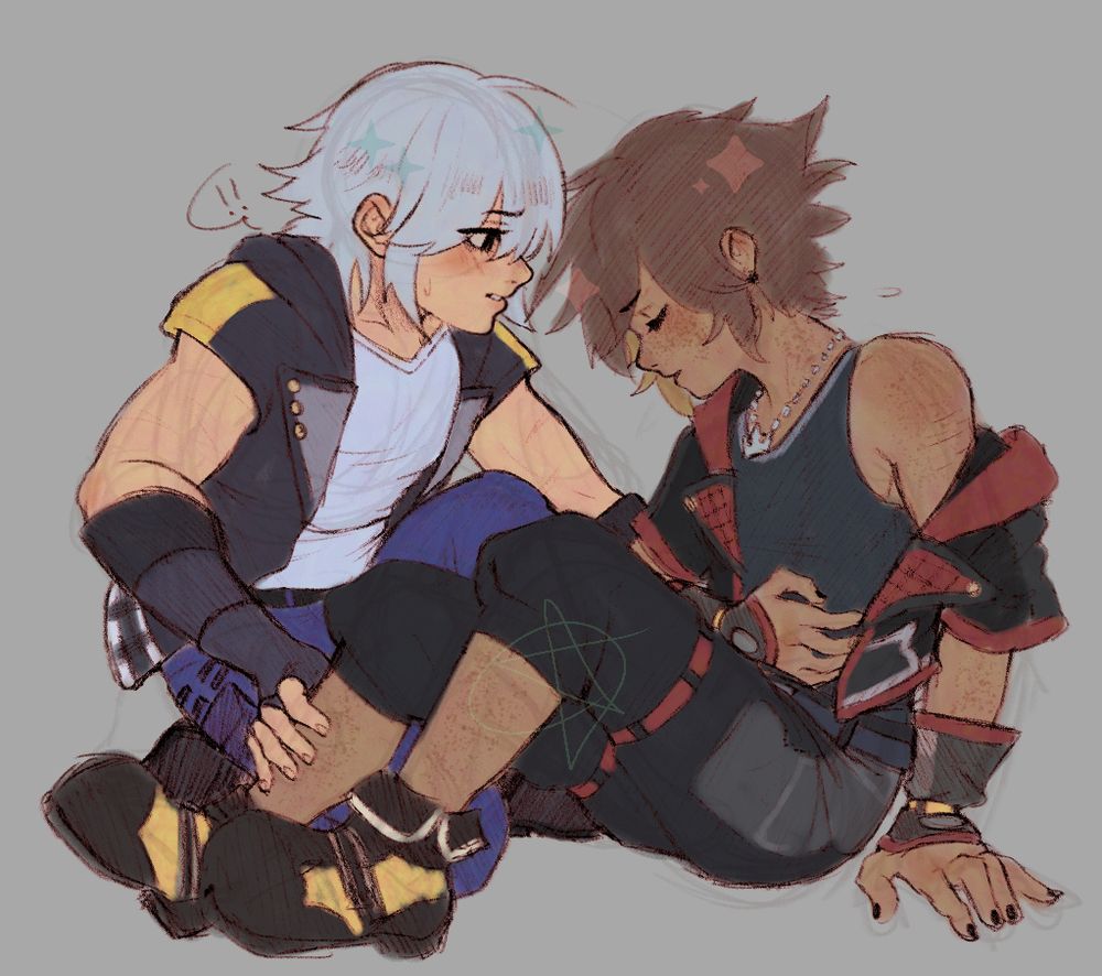 Riku is seen crouched and worrying over Sora, who's experiencing rib pain due to improper binder usage. (I would say specifically he hasn't been taking breaks from using a binder and would use it to sleep.)