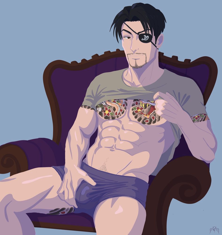 Majima from the Yakuza games sitting on a chair. Pulling his shirt up and sporting a very large bulge which he looks smug about.