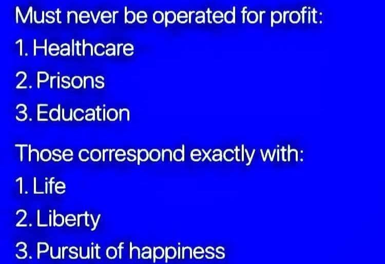 Must never be operated for profit:
1. Healthcare
2. Prisons
3. Education 

Those correspond exactly with:
1. Life 
2. Liberty
3. Pursuit of happiness 