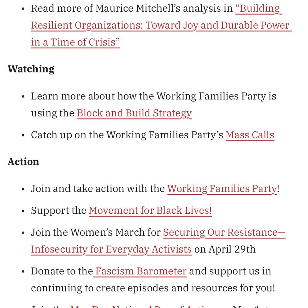 Strategies from the Working Families Party, like the Block and Build strategy. You can find more details at fascismbarometer.com/resources/episode-9-maurice.