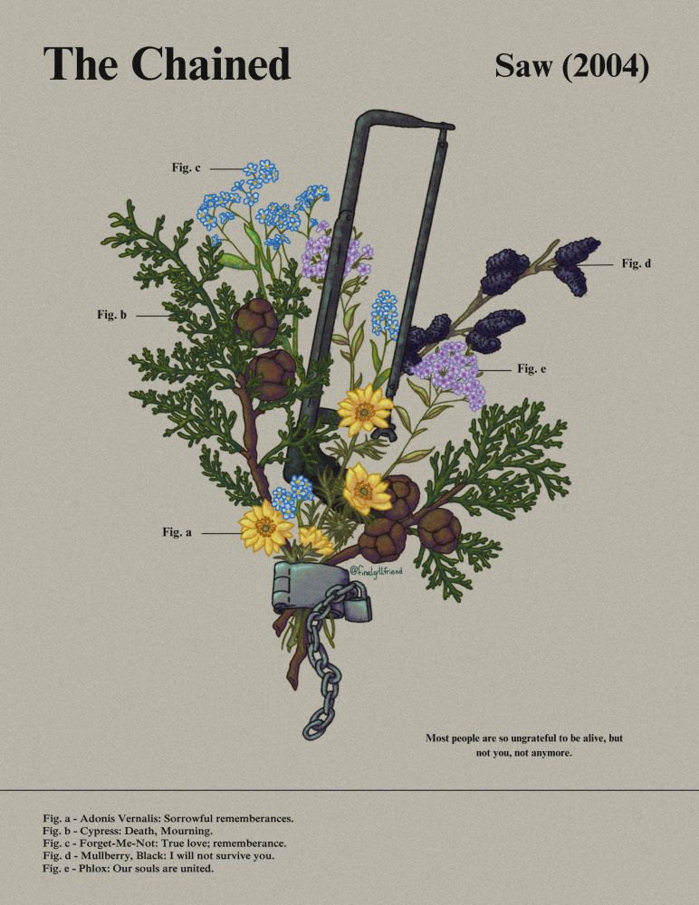 The Chained
Saw (2004)
Most people are so ungrateful to be alive, but not you. Not anymore. 
Fig. a - Adonis Vernalis: Sorrowful rememberances
Fig. b - Cypress: Death, Mourning.
Fig. c - Forget-Me-Not: True love; rememberance.
Fig d. - Mulberry, Black: I will not survive you. 
Fig. e - Phlox: Our souls are united.