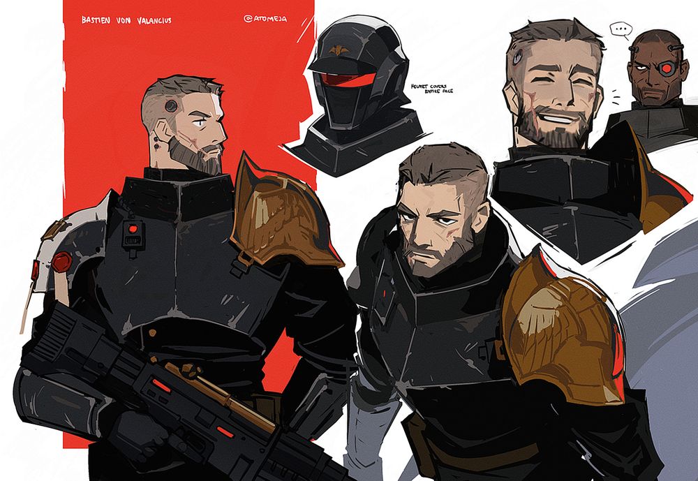 a collection of drawings of a warhammer 40k adeptus arbites original character