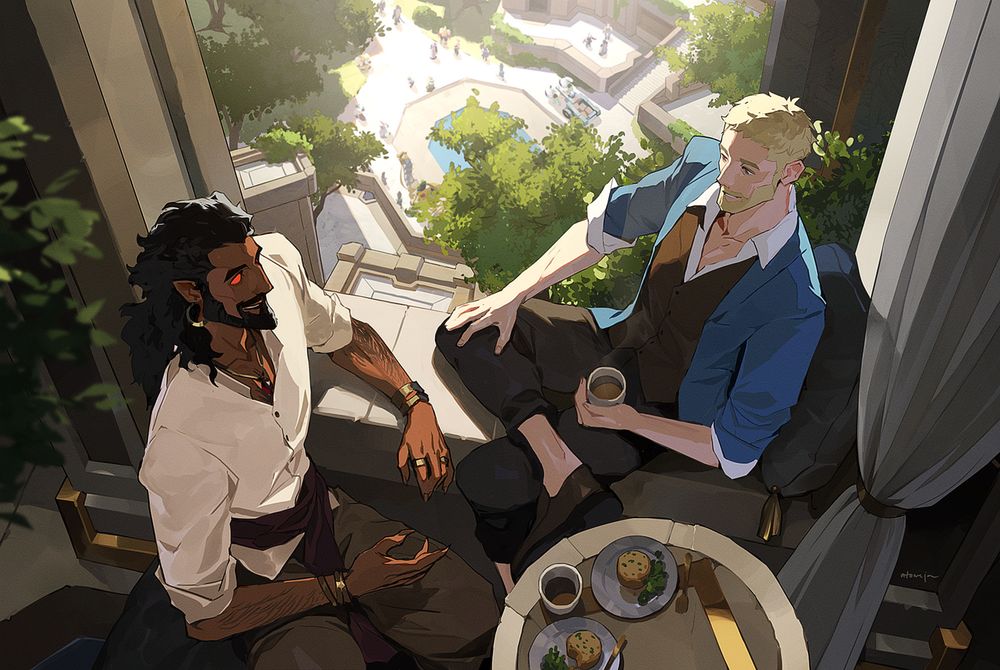 wrathion and anduin from world of warcraft on a coffee date in the city of dornogal - they're sitting next to a window, enjoying the sunlight