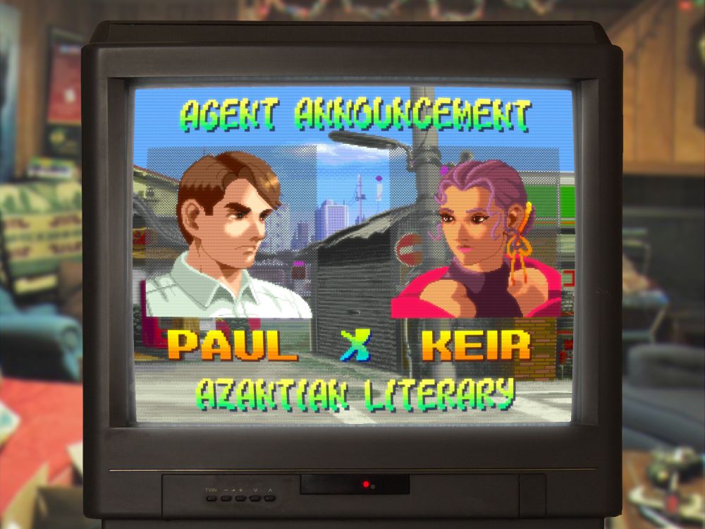Picture of a black CRT TV against a backdrop of a retro basement rec room. On the TV is a pixel art image, reminiscent of a 1990s fighting game. The image reads: Agent Announcement. Paul x Keir. Azantian Literary. Portraits of author Paul Jeong and literary agent Keir Alekseii are superimposed over a video game stage in suburban Japan.