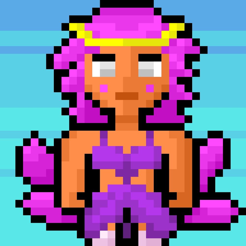 Kitsune de olhos brancos e cabelos e caudas rosas, usando uma roupa roxa.