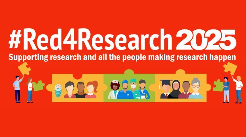 Images of people holding and pictured within jigsaw pieces, a variety of medical professions and occupations. The text #Red4Research2025 and "Supporting research and all the people making research happen" 