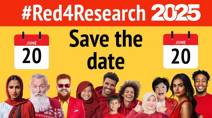Images of people smiling wearing red clothing. The text #Red4Research2025 and June 20 Save the date is included. 