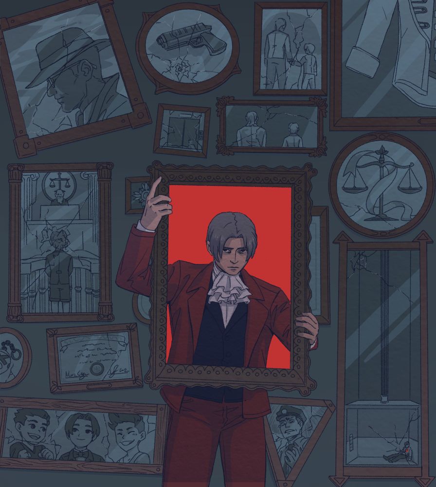 Miles Edgeworth holding a picture frame around himself. Surrounding him on the wall are various frames with pictures in grayscale. Each frame has a significant part of Edgeworth’s life, including his father, his childhood friends, and snapshots of the DL-6 Incident and the aftermath. 