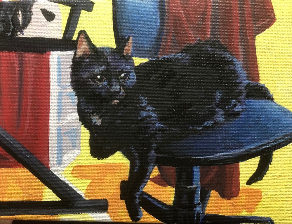 Acrylic painting of a black cat lying on a chair