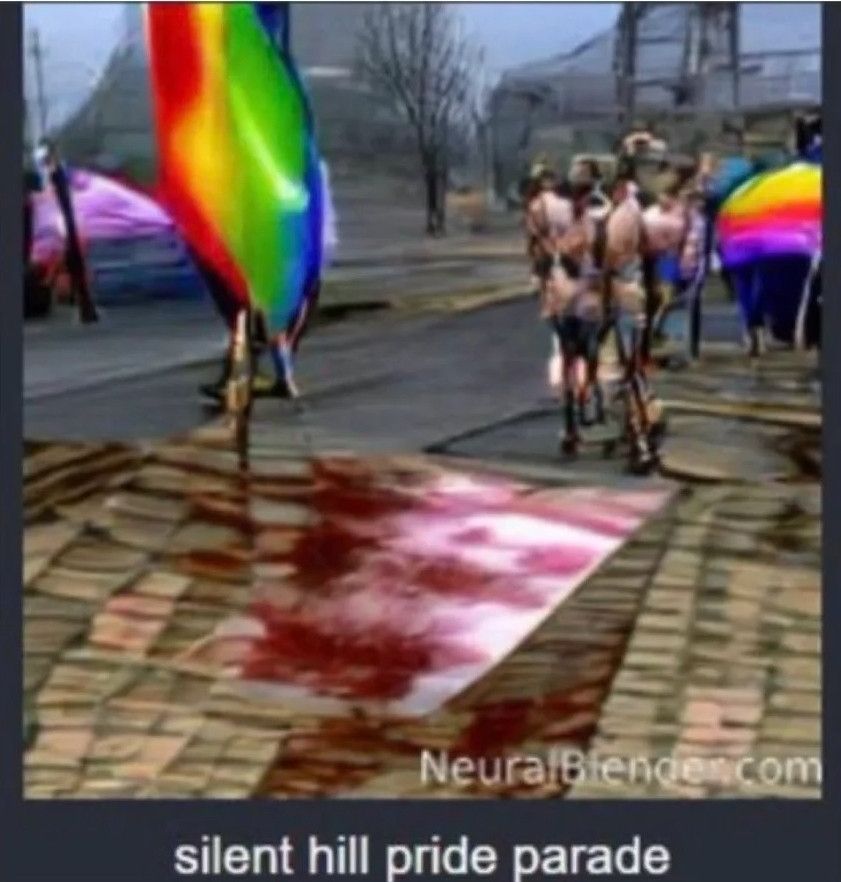 imagem com a legenda "silent hill pride parade"
atrás tem uma imagem em muito baixa resolução, pessoas e bandeiras lgbts