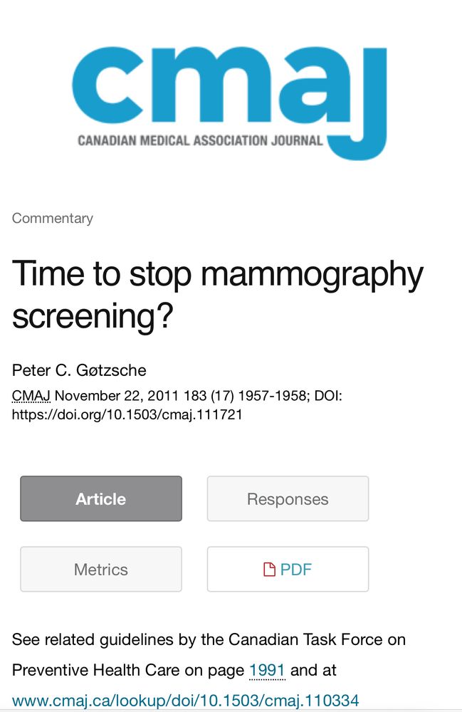 Screenshot of paper in CMAJ “Time to stop mammography screening?” By Gotzsche from 2011. 