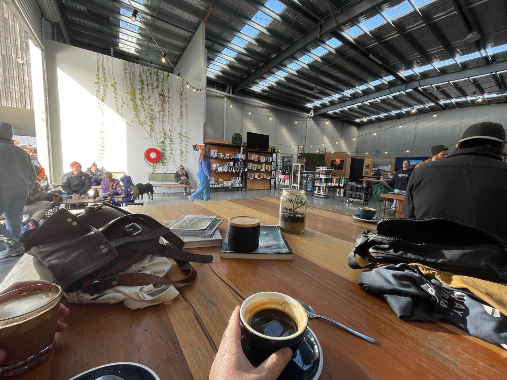First coffee at Ocean Grind, Torquay Australia.
