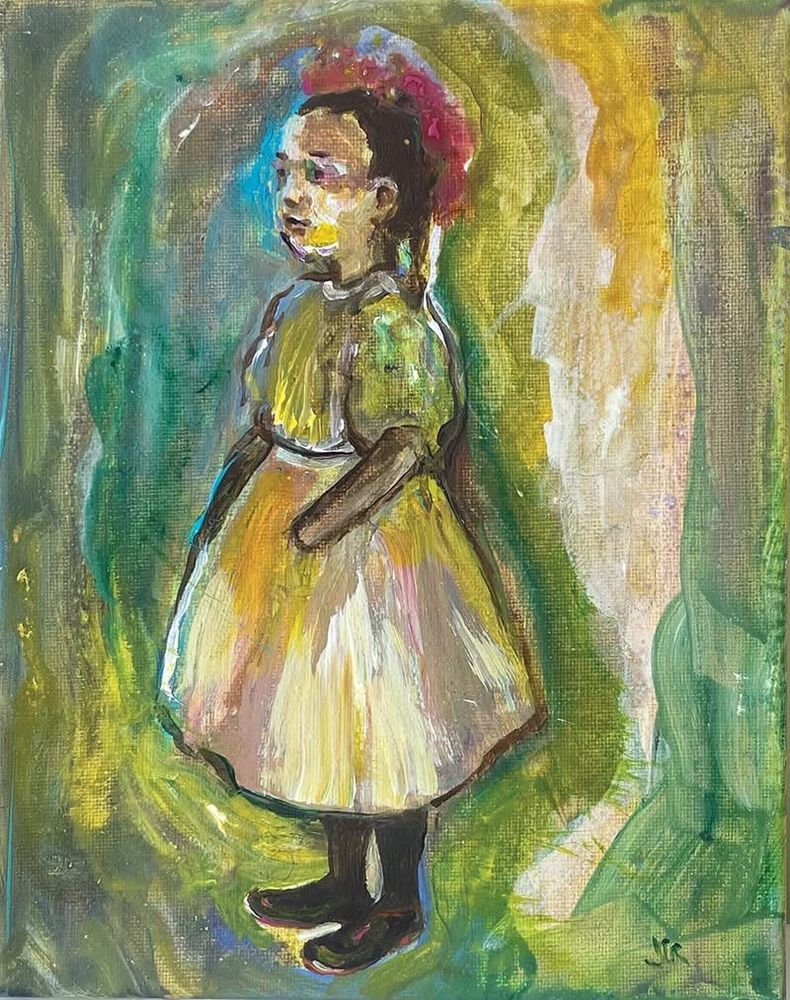 A green tone painting of a little girl with upper limb difference.