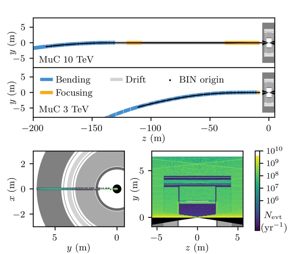 Top) two muon collider ring designs indicating where muons decay. Bottom) two views of the detector and the region where neutrinos interact dubbed the "neutrino slice".