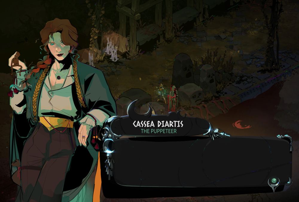 An illustration of my OC, Cassea. She is posed leaning & holding a wooden puppet in one hand, with her other elbow propped up on the hilt of a sword. She wears a green mantle over a white shirt and brown pants, and has long auburn hair pulled into a braid. Her freckles, eyes, braid & tips of her hair are glowing blue, alluding to her nature as a Shade. Her outfit is adorned with red tassels & gold laurel trim, as well as a golden diadem-shaped belt/corset. She wears a necklace strung with a black button and an engagement/wedding ring.