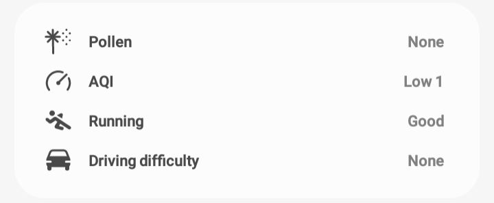 No pollen, low air quality, good weather for running, and no difficulty driving.