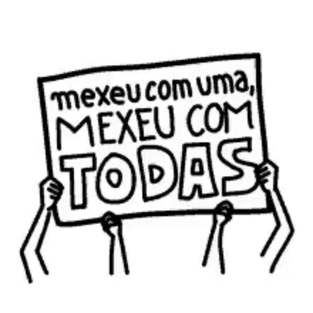 a black and white drawing of two people holding a sign that says `` mexeu com uma mexeu com todas ''