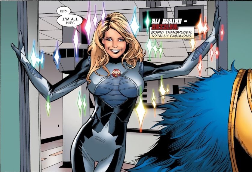 Alison Blair, Dazzler of the X-Men, entering a hospital room saying "Hey. Im Ali. Hey." In a shower of sparkles, tits akimbo, with her wild Greg Land pussy Starburst costume from the Utopia era of X-Men