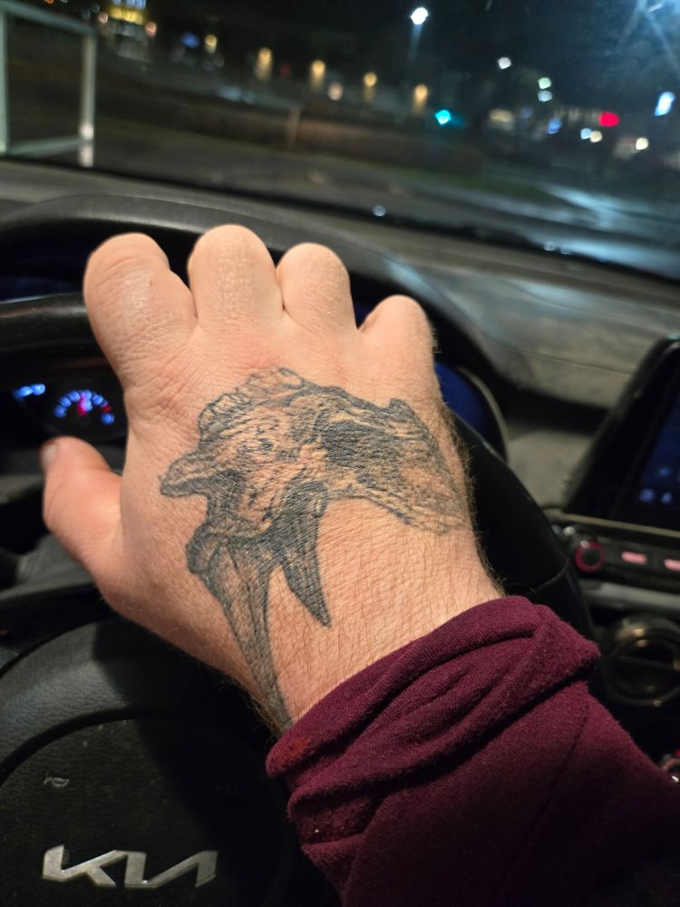 Right hand now gripping the steering wheel. Hairy and vascular too, but with a tattoo of a Wooly Rhino skull on the hand, its jaw near the knuckles, and the horn travelling up the wrist.. Also wearing a maroon wrist band.