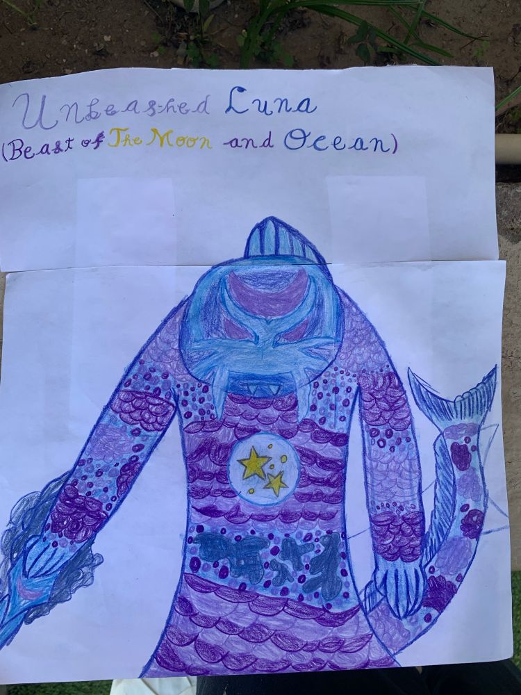 Luna's Unleashed form, it's a giant koi-like water-bodied kaiju with purple and lavender scales and spots, with the star gems on her chest and the moonstone on her head, she is seen generating a water blade on her right hand.