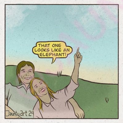 Panel 3 a closer in view of the couple slightly shaded this time. The girl points to the sky “that one looks like an elephant”