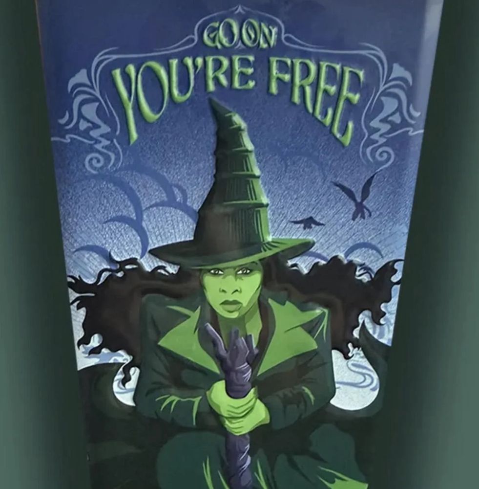 Go On You’re Free Elphiba from Wicked on a broom illustration