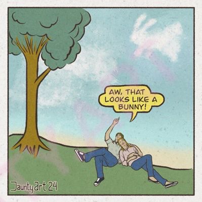 Panel 2 he then points out a cloud “aw, that looks like a bunny!’