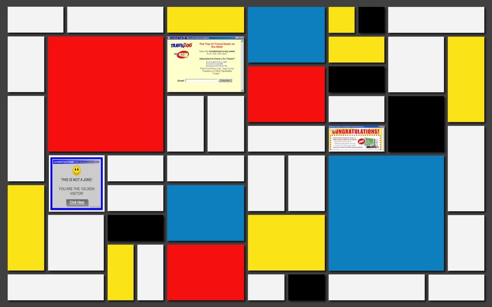 Mondrain piece with old school pop ups on it instead of coloured geometric shapes