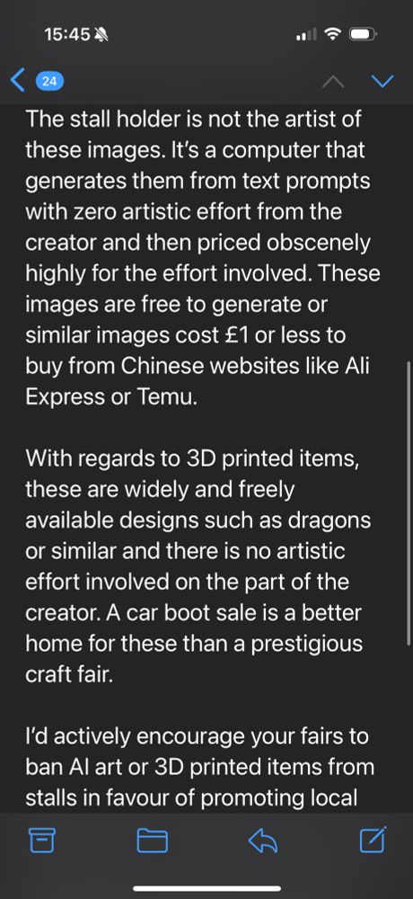 The stall holder is not the artist of these images. It's a computer that generates them from text prompts with zero artistic effort from the creator and then priced obscenely highly for the effort involved. These images are free to generate or similar images cost £1 or less to buy from Chinese websites like Ali Express or Temu.
With regards to 3D printed items, these are widely and freely available designs such as dragons or similar and there is no artistic effort involved on the part of the creator. A car boot sale is a better home for these than a prestigious craft fair.
I'd actively encourage your fairs to ban Al art or 3D printed items from stalls in favour of promoting local