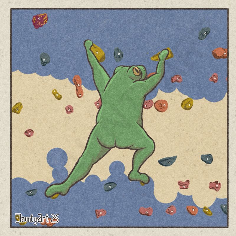 An illustration of a frog traversing along a climbing wall