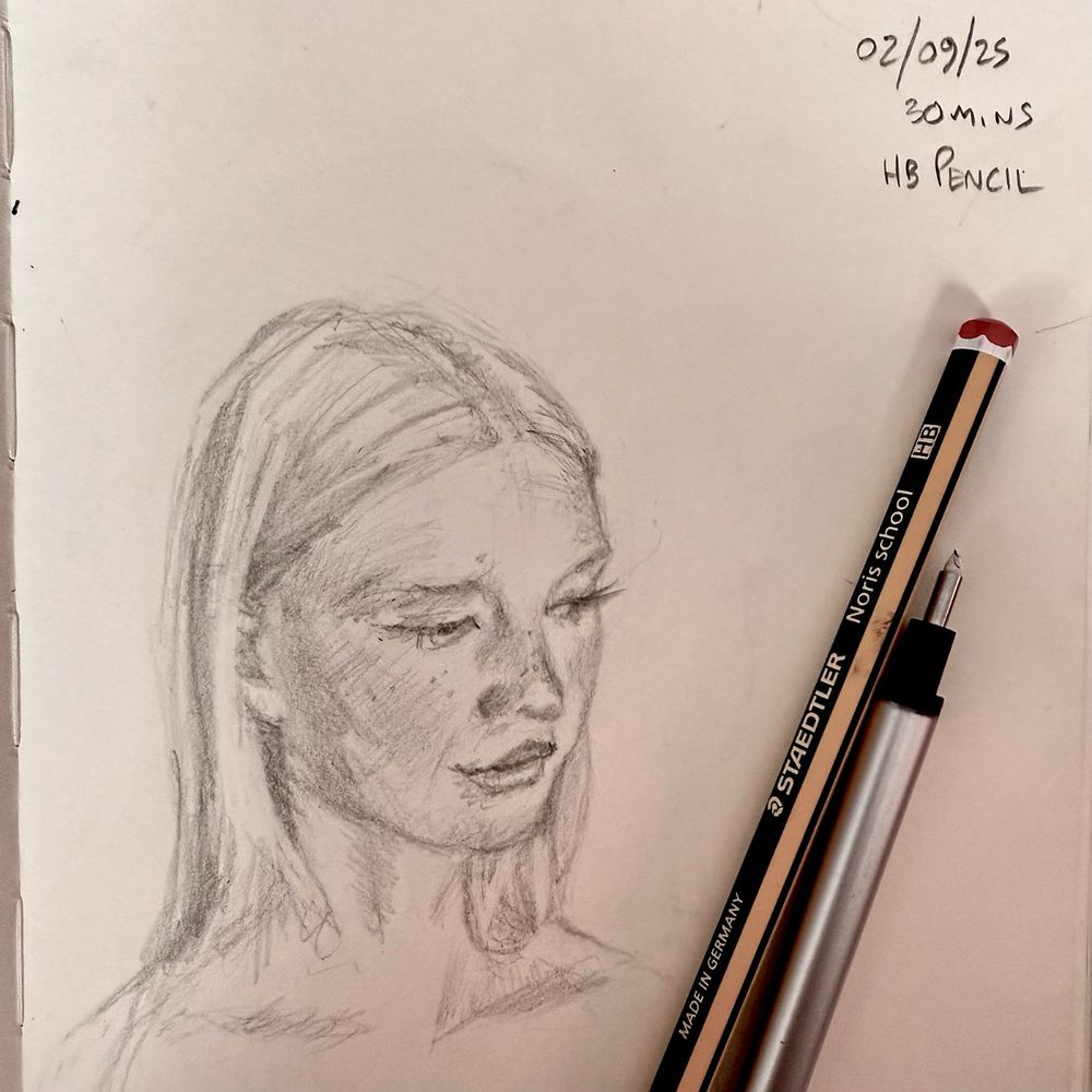 Pencil sketch of a woman looking off camera HB pencil 30 minutes