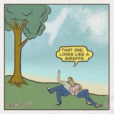 Panel 1 a happy romantic couple are lying cuddling beside a tree pointing up at the clouds. The boy says ‘that one looks like a giraffe’