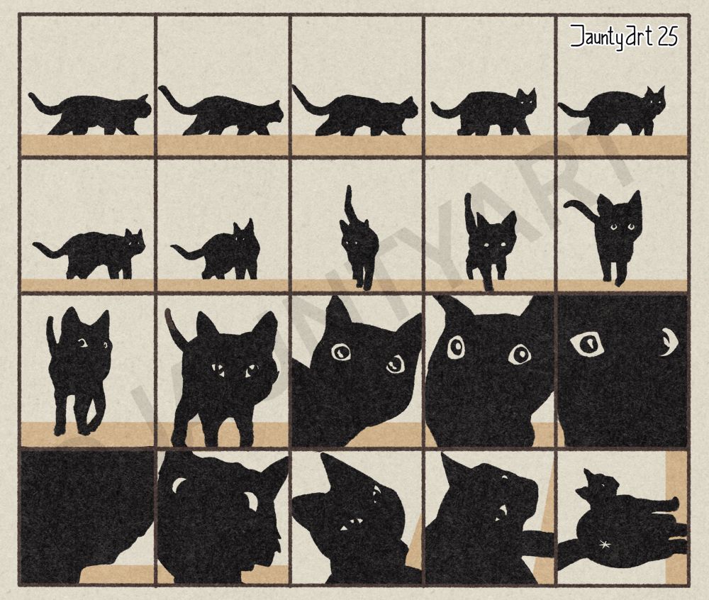 An illustration I did on a cat being a cat version of Eadweard Muybridge: Animal Locomotion: An Electro-Photographic Investigation of Consecutive Phases of Animal Movement 1872-1885