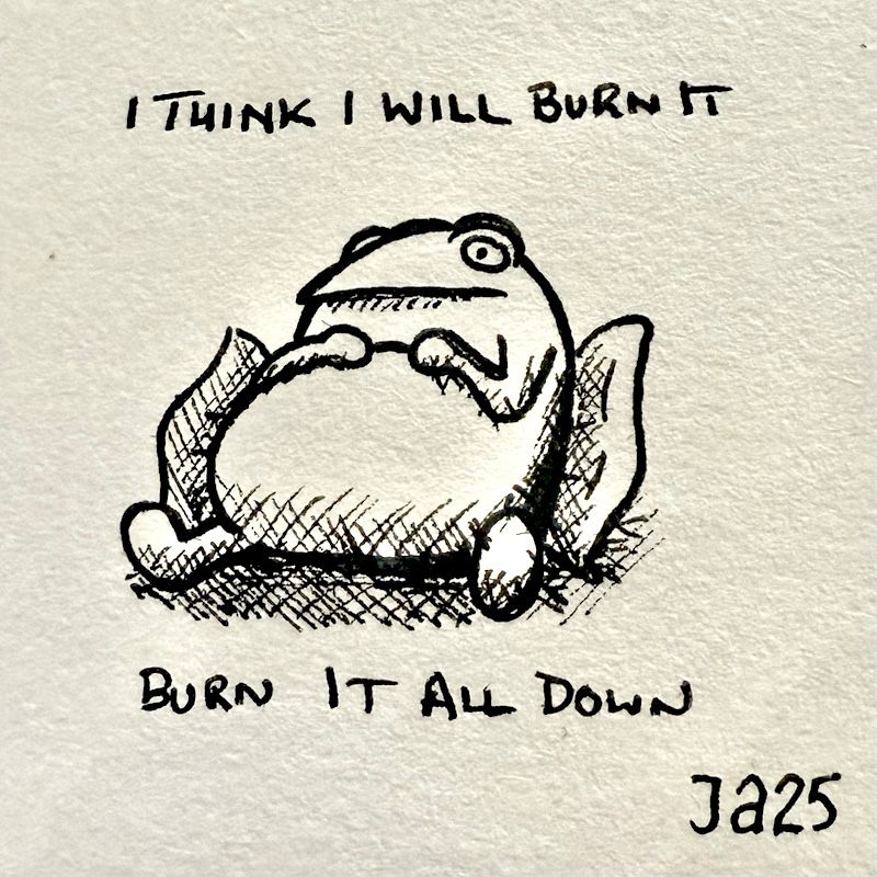 A picture of a frog leaning on a pillow with its hands on its belly 
Text reads 
I THINK I WILL BURN IT
BURN IT ALL DOWN
JA25