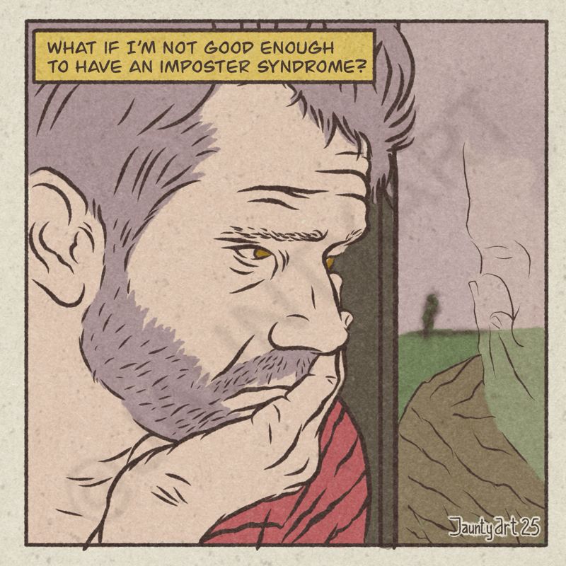 Illustration of a sad bearded man looking out of a window. His head resting on his chin. His pale reflection in the glass. The text reads “What if I’m not good enough to have an imposter syndrome?”