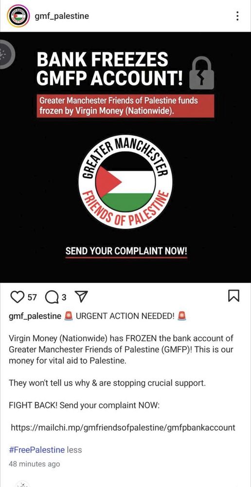 Instagram post by Greater Manchester Friends of Palestine reporting that their bank account has been frozen by Virgin Money 