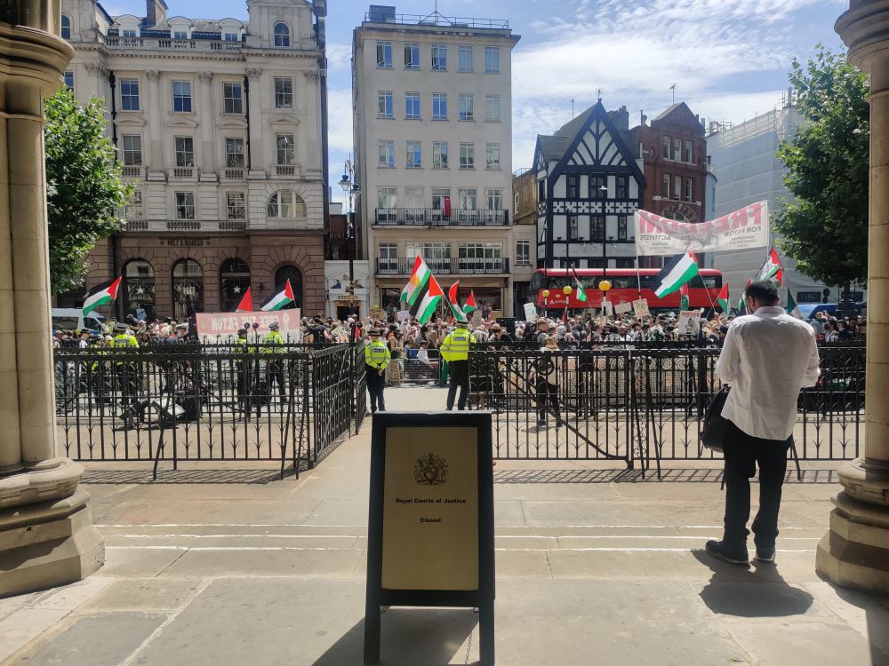 Demonstration on the Strand, seen from the steps of the Royal Courts of Justice 