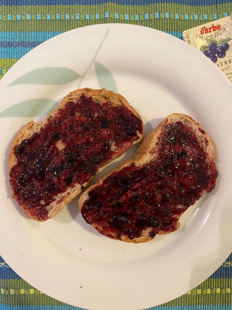 Two pieces of toast on a white plate with a leaf pattern. Each piece of toast has blueberry jam spread on it. There is a green and blue striped table mat under the plate. A small empty tub of the jam used is at the top right of the table mat, half-under the plate to keep it from flying away. Maybe jam isn’t that bad