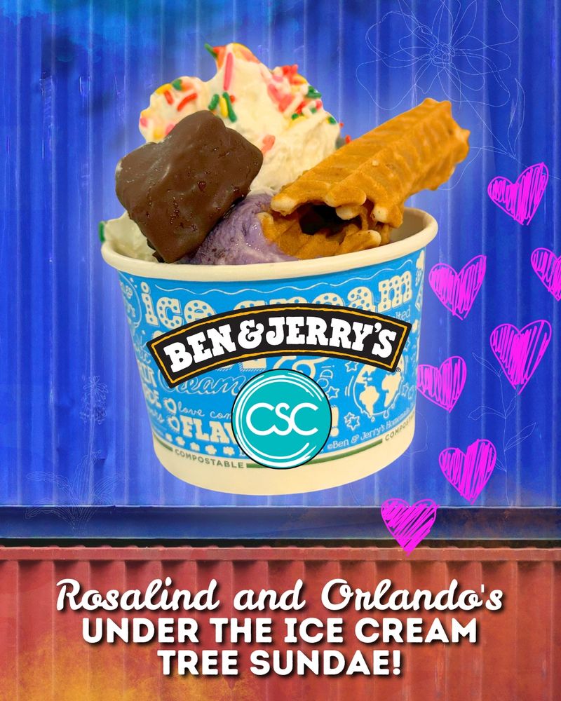 ID: A colorful sundae with B&J and CSC logos against a purple and orange shipping container and pink heart doodles with the sundae name in text.