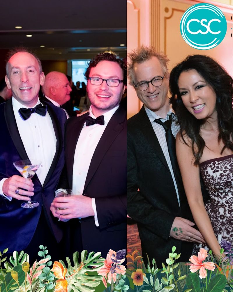 ID: Sam, Jonathan, Ben, and Tonya all in formal wear. Tropical florals below. A CSC Logo.