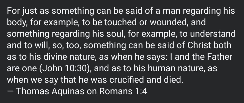 For just as something can be said of a man regarding his body, for example, to be touched or wounded, and something regarding his soul, for example, to understand and to will, so, too, something can be said of Christ both as to his divine nature, as when he says: I and the Father are one (John 10:30), and as to his human nature, as when we say that he was crucified and died.
— Thomas Aquinas on Romans 1:4