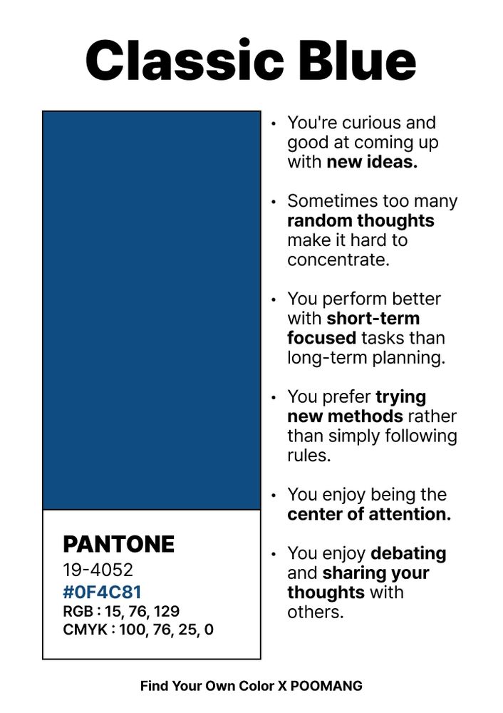 Pantone color quiz results: classic blue. Likes new ideas, has random thoughts, prefers short term focus tasks, prefers trying new methods,  center of attention & loves debating & sharing thoughts