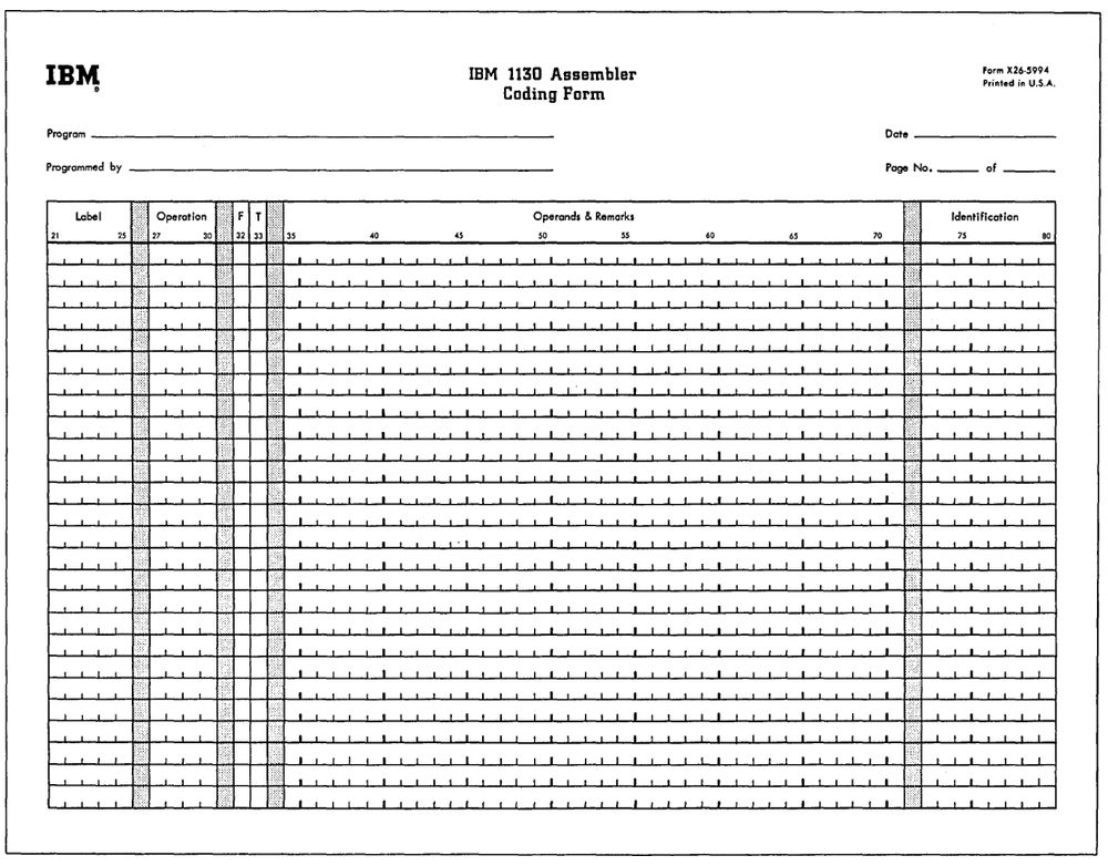 Blank IBM 1130 assembly language coding form.