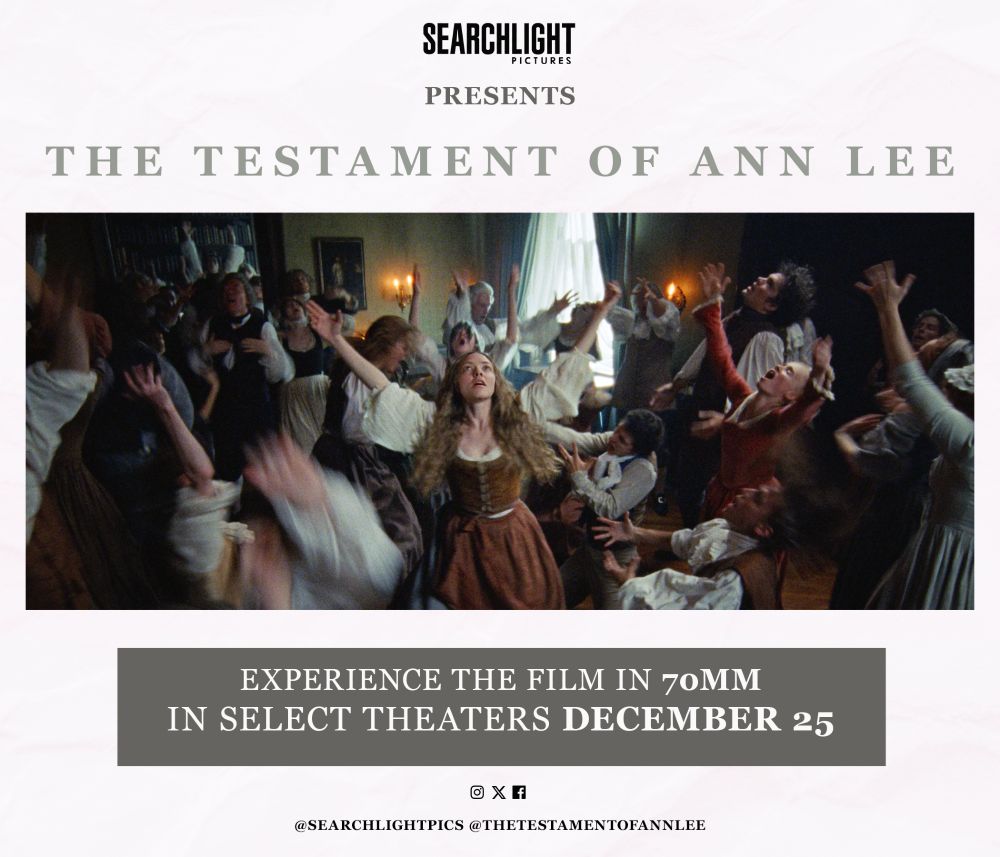 Picture of a woman (Amanda Seyfried) dancing in a crowd. The words The Testament of Ann Lee are on top. Experience the film in 70mm in select theaters on December 25th. 
